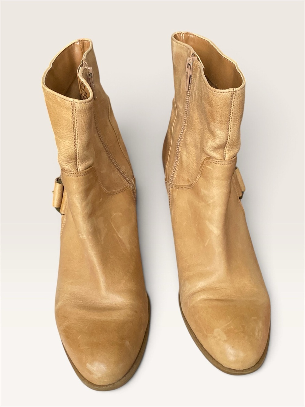 Nine West Herewegoo Beige Leather Harness Stacked Cone Heel Ankle Boots Size 10